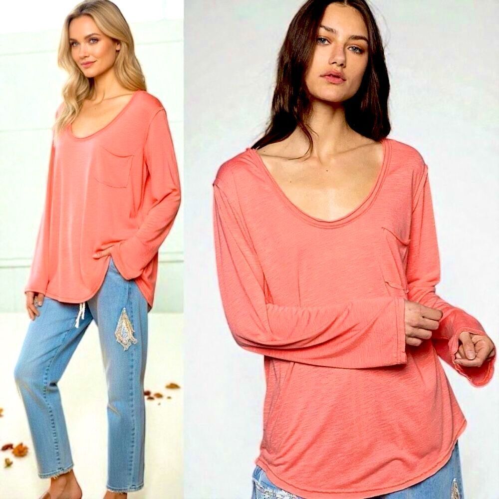 POL Shirt Coral Chest Pocket Long Sleeve T-Shirt Medium NEW